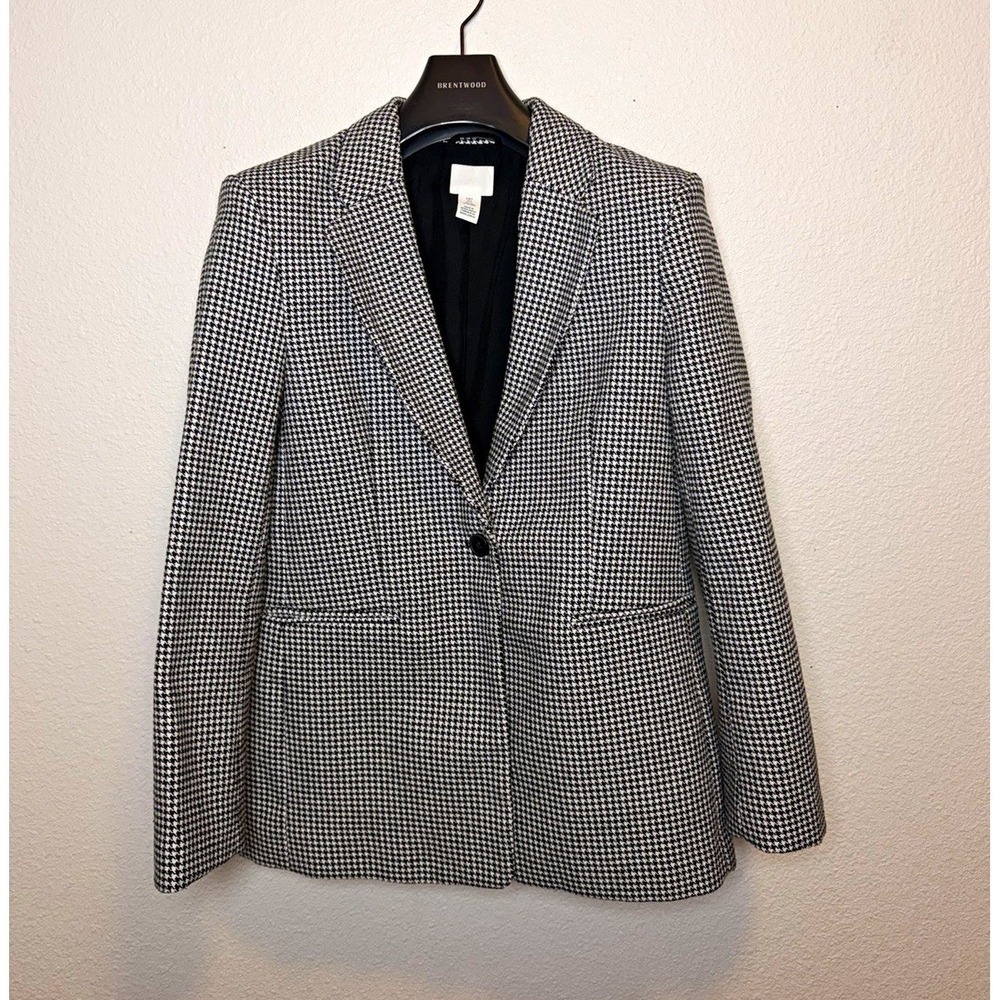 H&M Black/White Houndstooth Tweed Blazer Single Button Lined Womens 4